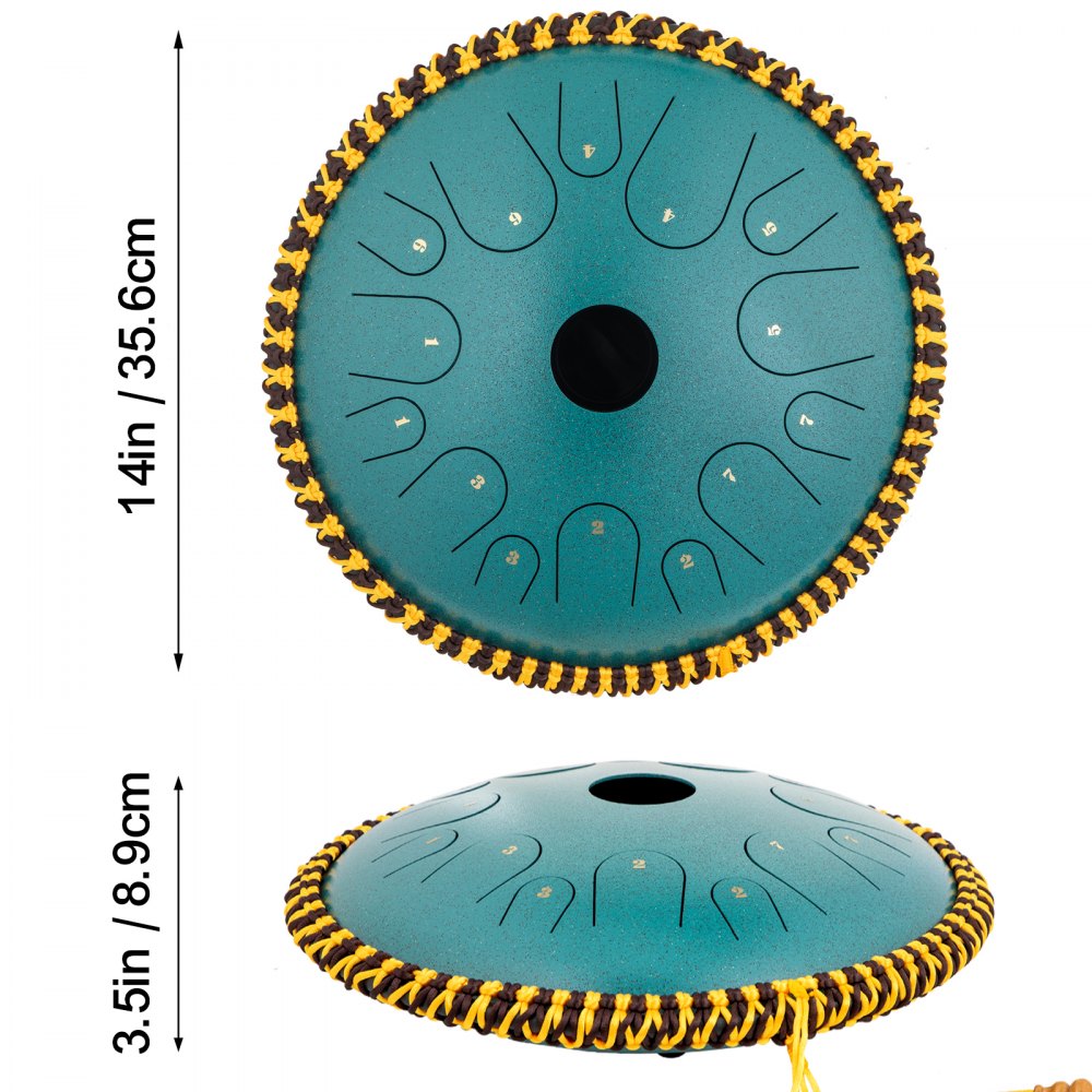 VEVOR Tongue Drum 14 Notes Dish Shape Drum 14 Inches Manual Percussion Pure Copper Steel Tongues 14 Notes Steel Tongue Handpan Drum with Rope Decoration and Mallets,Bag, Music Book, Mineral Green