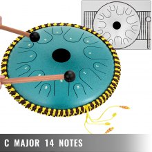 VEVOR Tongue Drum 14 Notes Dish Shape Drum 14 Inches Dia. Manual Percussion Pure Copper Steel Tongues 14 Notes Steel Tongue Handpan Drum with Rope Decoration and Mallets,Bag, Music Book, Mineral Green