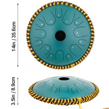 VEVOR Tongue Drum 14 Notes Dish Shape Drum 14 Inches Dia. Manual Percussion Pure Copper Steel Tongues 14 Notes Steel Tongue Handpan Drum with Rope Decoration and Mallets,Bag, Music Book, Mineral Green