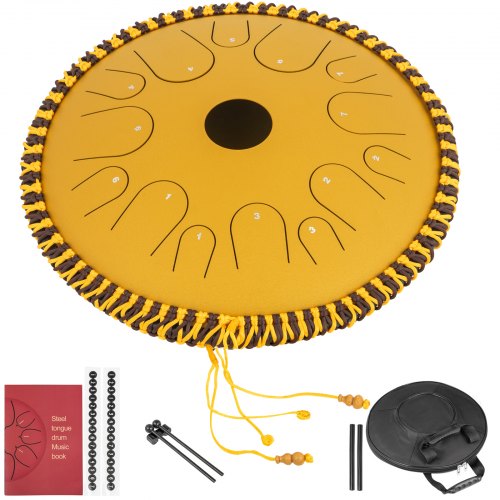 VEVOR Tongue Drum 14 Notes Dish Shape Drum 14 Inches Dia. Manual Percussion Pure Copper Steel Tongues 14 Notes Steel Tongue Handpan Drum with Rope Decoration and Mallets,Bag, Music Book, Golden
