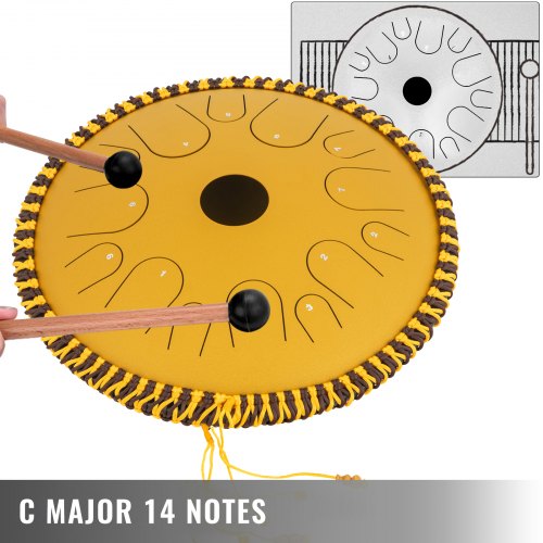 VEVOR Tongue Drum 14 Notes Dish Shape Drum 14 Inches Dia. Manual Percussion Pure Copper Steel Tongues 14 Notes Steel Tongue Handpan Drum with Rope Decoration and Mallets,Bag, Music Book, Golden