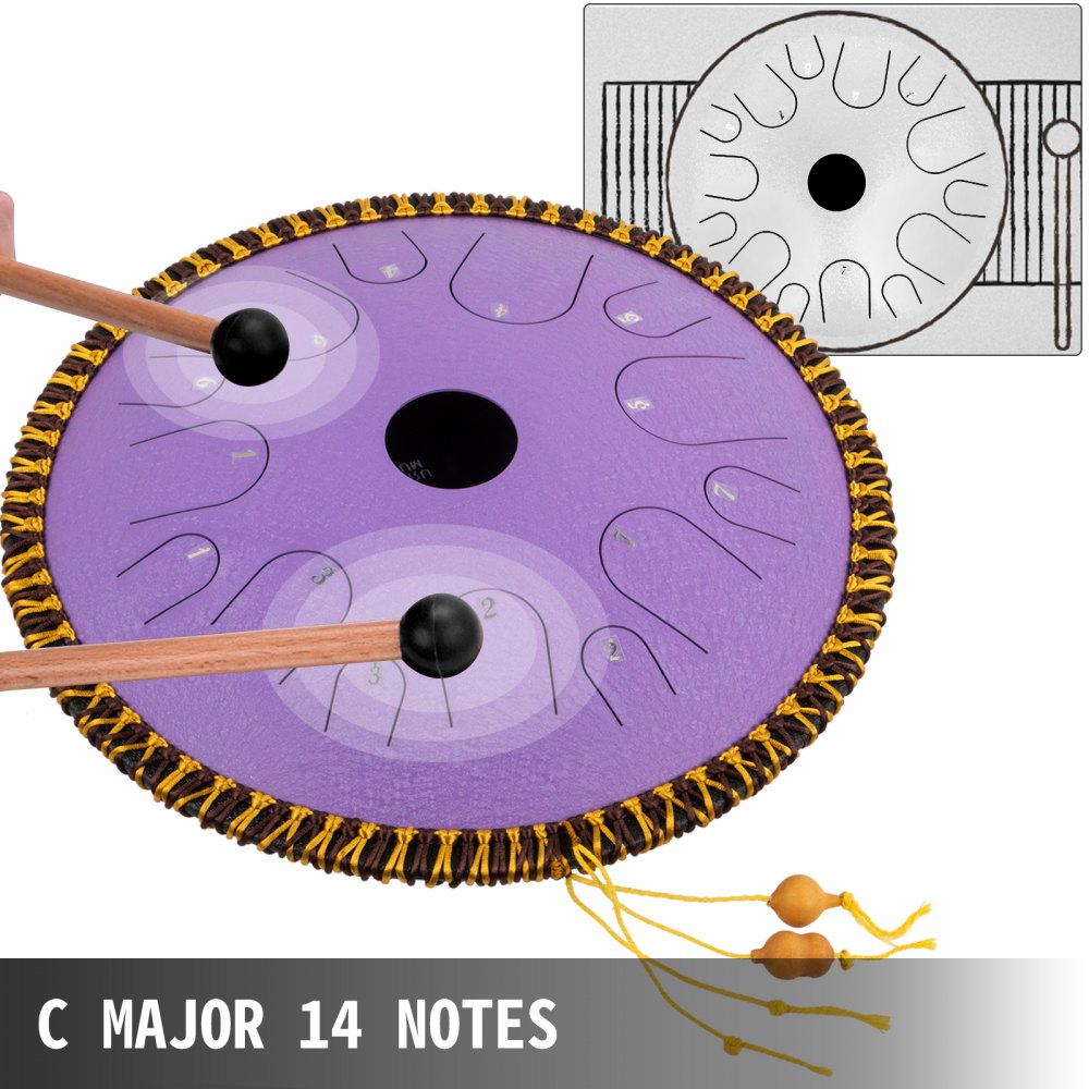 Tongue Drum 14 Notes Dish Shape Drum 14 Inches Dia. With Rope Decoration, Purple