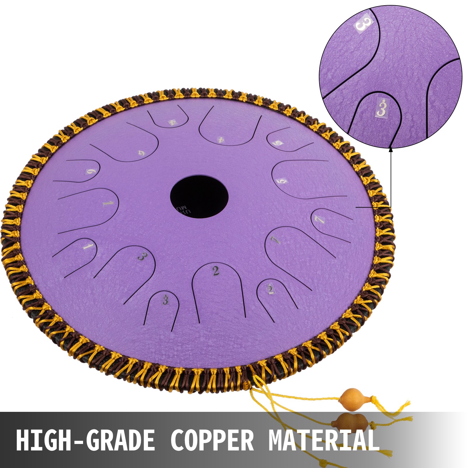 Tongue Drum 14 Notes Dish Shape Drum 14 Inches Dia. With Rope Decoration, Purple