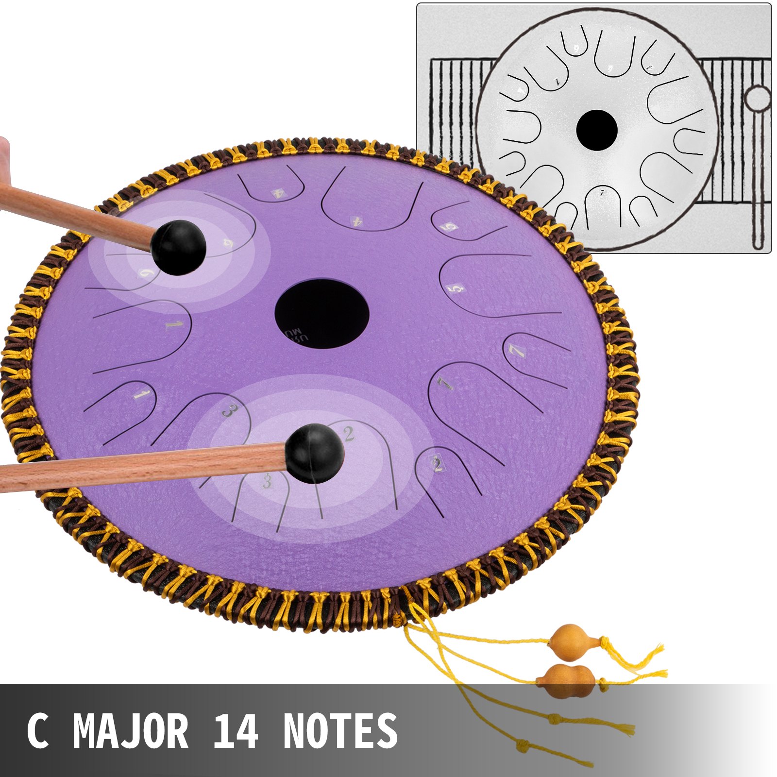 Tongue Drum 14 Notes Dish Shape Drum 14 Inches Dia. With Rope Decoration, Purple