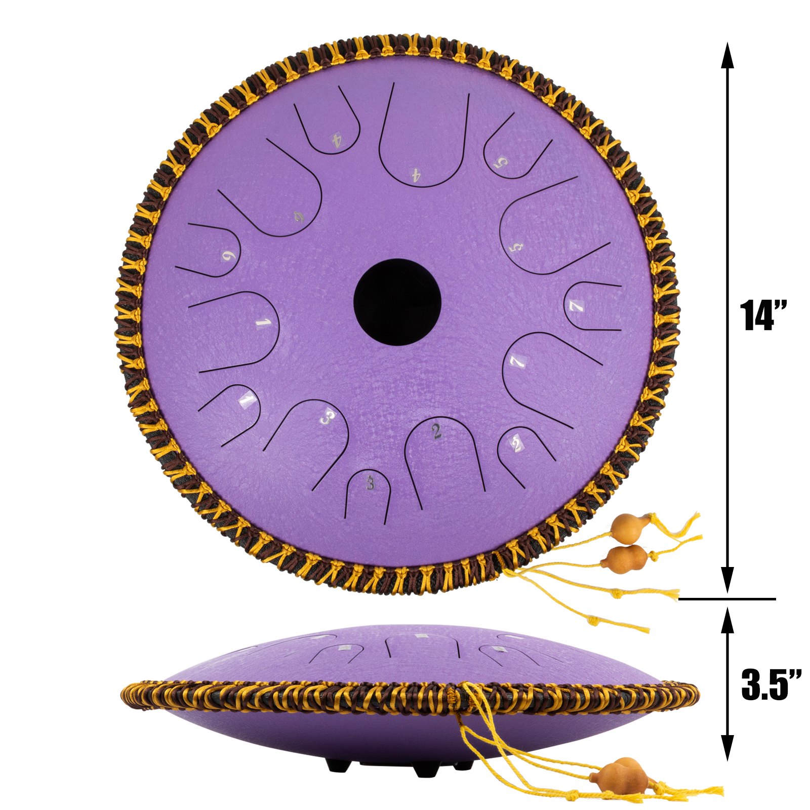 Tongue Drum 14 Notes Dish Shape Drum 14 Inches Dia. With Rope Decoration, Purple