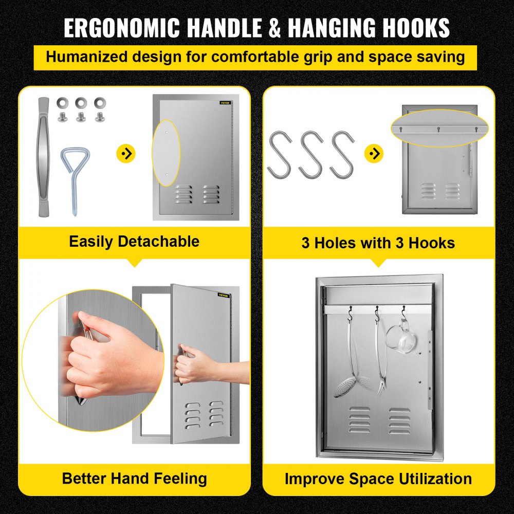 VEVOR outdoor kitchen door with ergonomic handle and 3 hanging hooks for space saving.