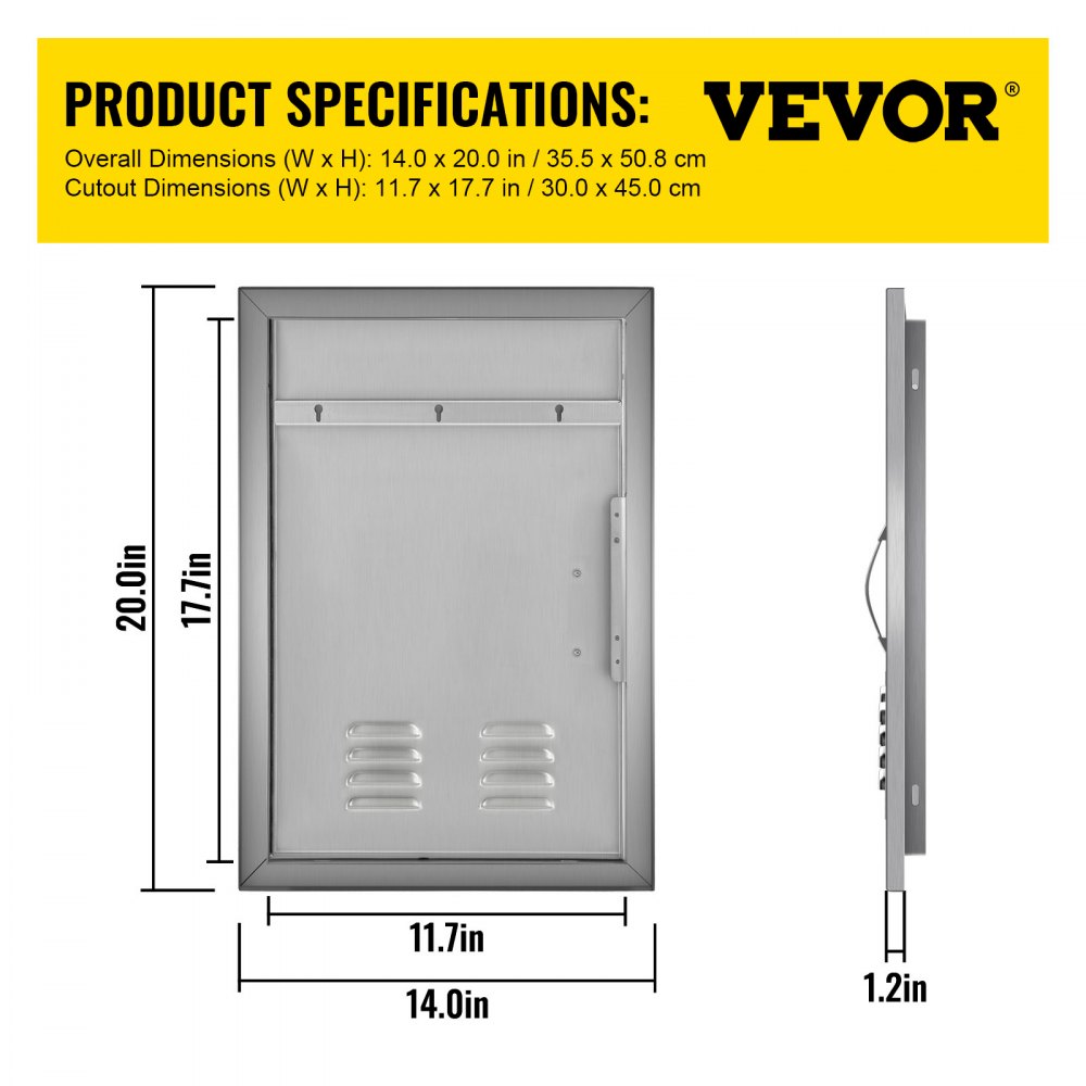 VEVOR outdoor kitchen door: 14x20 inches, silver finish, product dimensions listed.