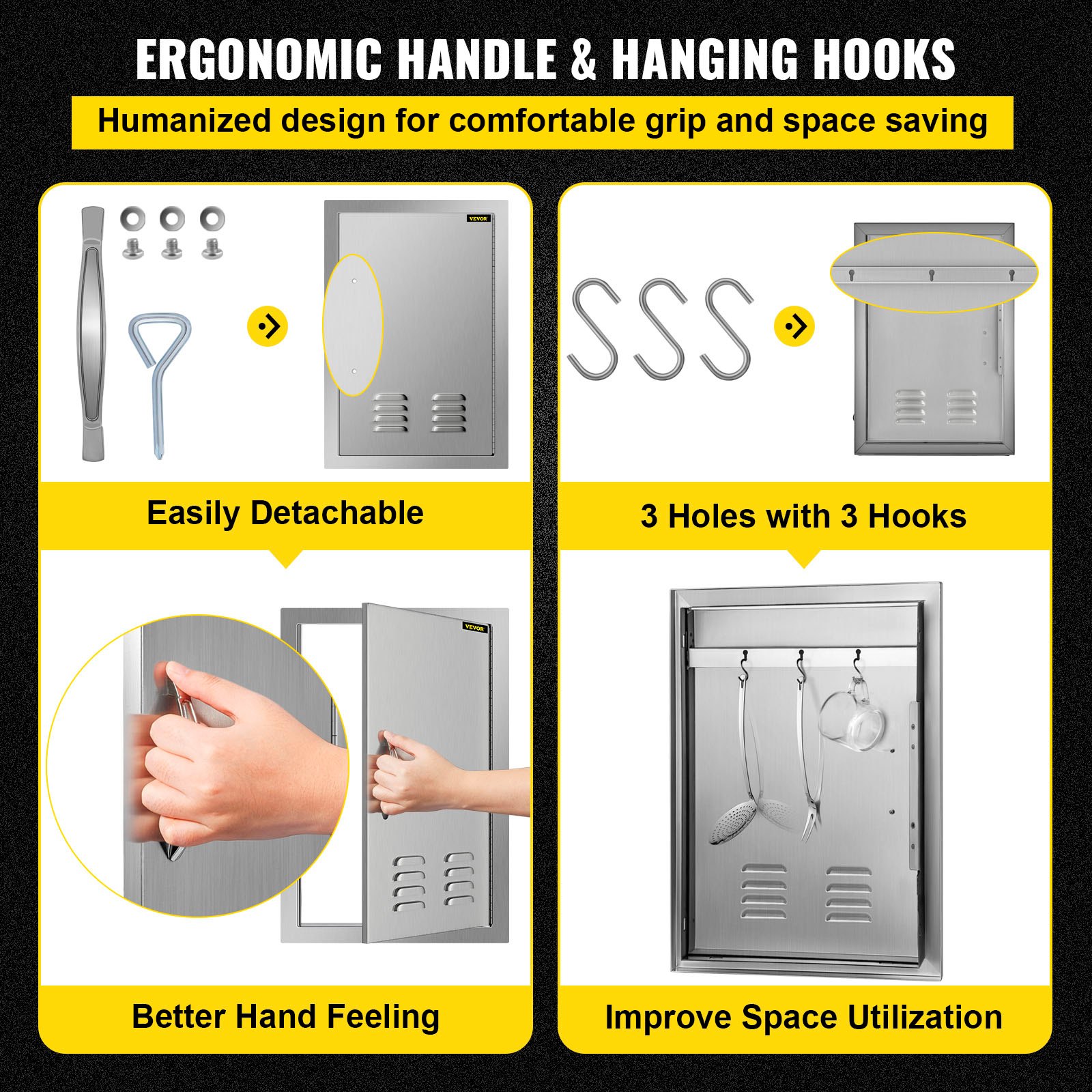 VEVOR outdoor kitchen door with ergonomic handle and 3 hanging hooks for space saving.