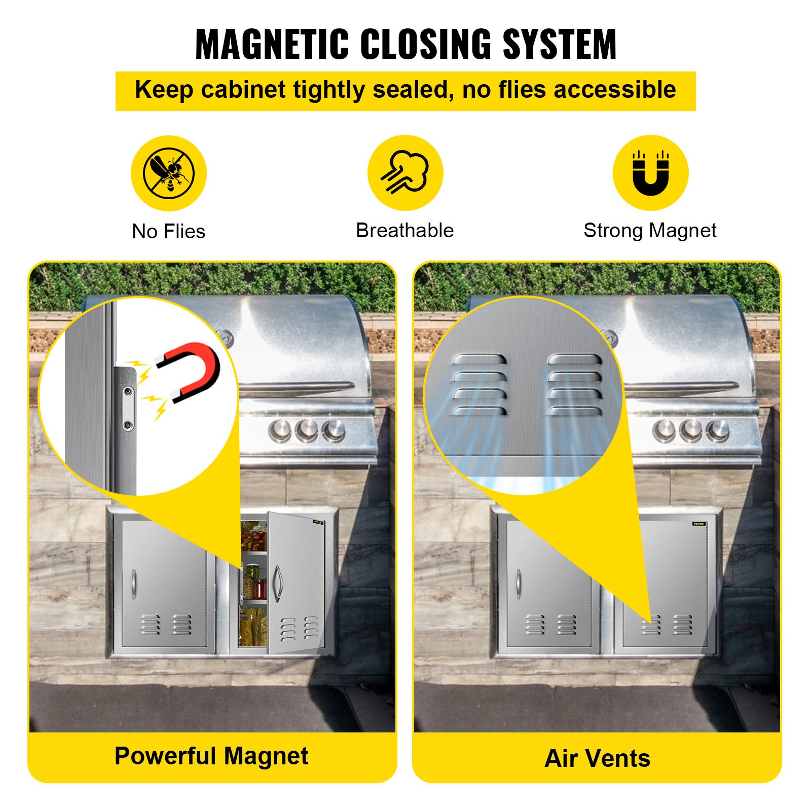 VEVOR outdoor kitchen door with magnetic closing system, powerful magnet, and air vents.