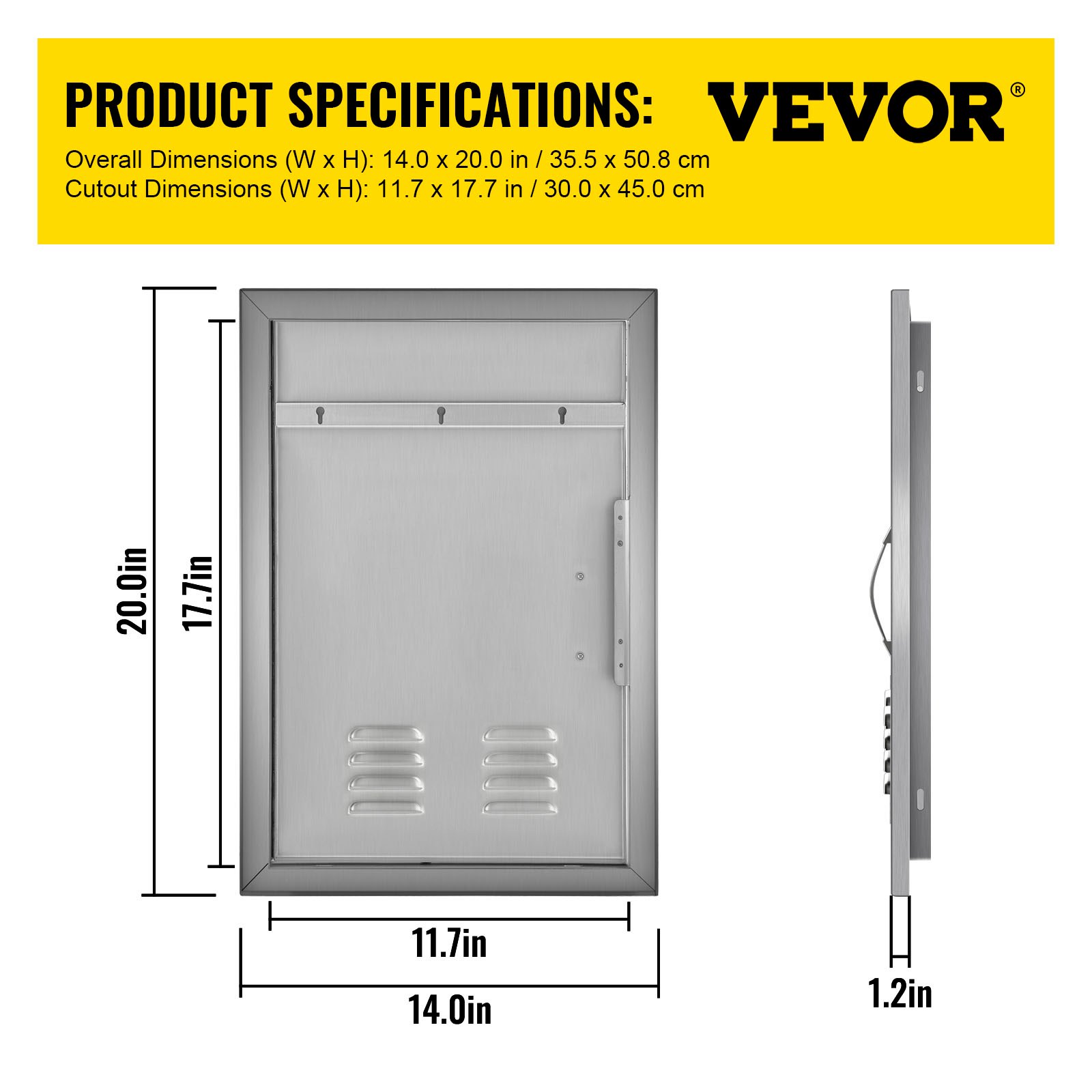 VEVOR outdoor kitchen door: 14x20 inches, silver finish, product dimensions listed.