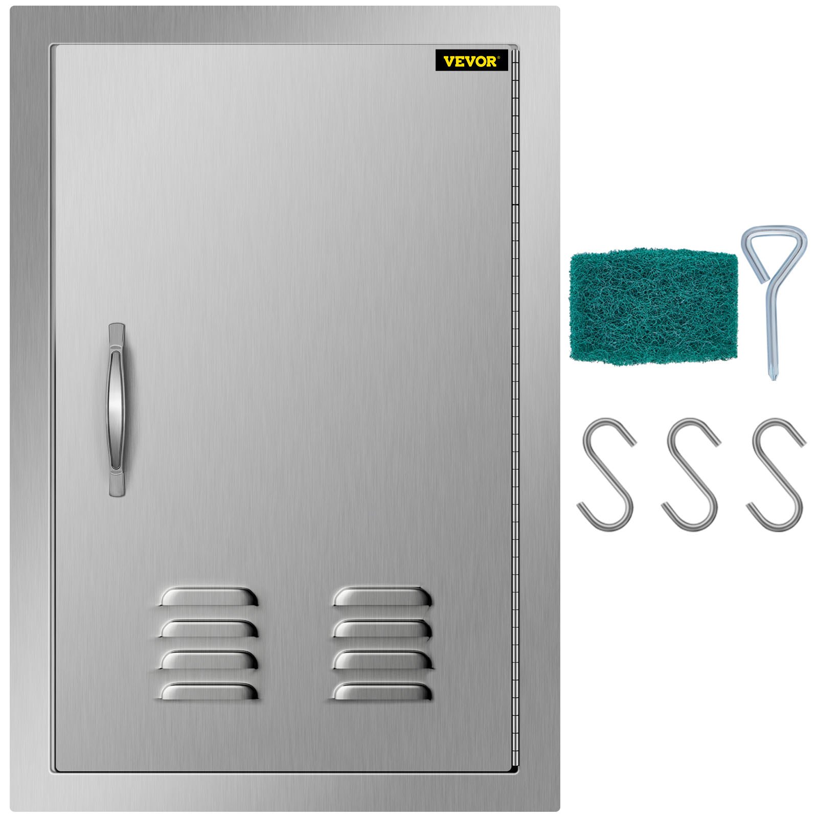 VEVOR outdoor kitchen door with handle, vent, and included accessories: hooks, scrubber, tool.
