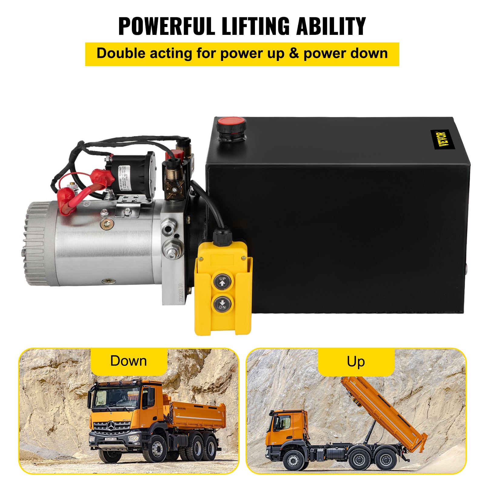 VEVOR 15L/ 15 Quart/ 3.75 Gal Double Acting Hydraulic Pump DC12V dump trailer hydraulic pump unit Double Acting Power-Up/Gravity-Down Hydraulic Pump1.6KW (Rated), 3.0KW (Max)