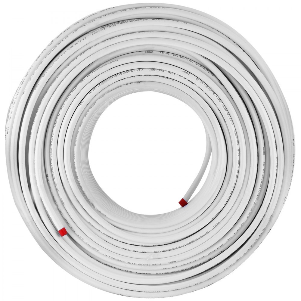 coiled VEVOR pex-al-pex tubing in white with labeled measurements.