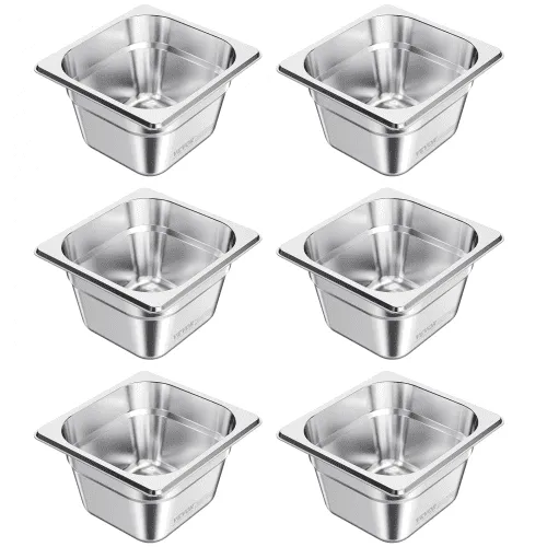 VEVOR 6 Pack Stainless Steam Hotel Pans, 1/6 Size Table Steam Pan, 4 Inch Deep, Anti Jam Restaurant Supplies Reusable Rustproof Catering Storage for Home, Party, Restaurant, Hotel, Buffet