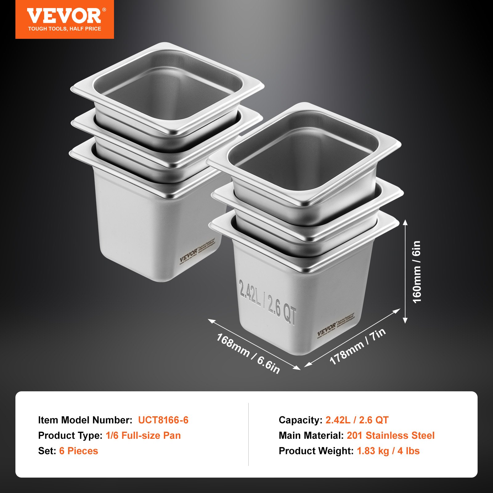 VEVOR 6 Pack 1/6 Size Hotel Pans Steam Table Pan Stainless Steel 6" Deep