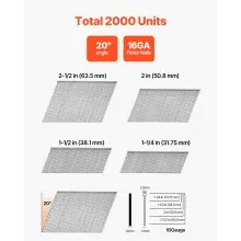 VEVOR 16 Gauge Finish Nails, 20-Degree Angled Finishing Nails, 2000-Count (2-1/2 in, 2 in, 1-1/2 in, 1-1/4 in, 500 Per Size) Finishing Nail, Galvanized Brad Nail, for 16GA 20° Angled Finish Nailers