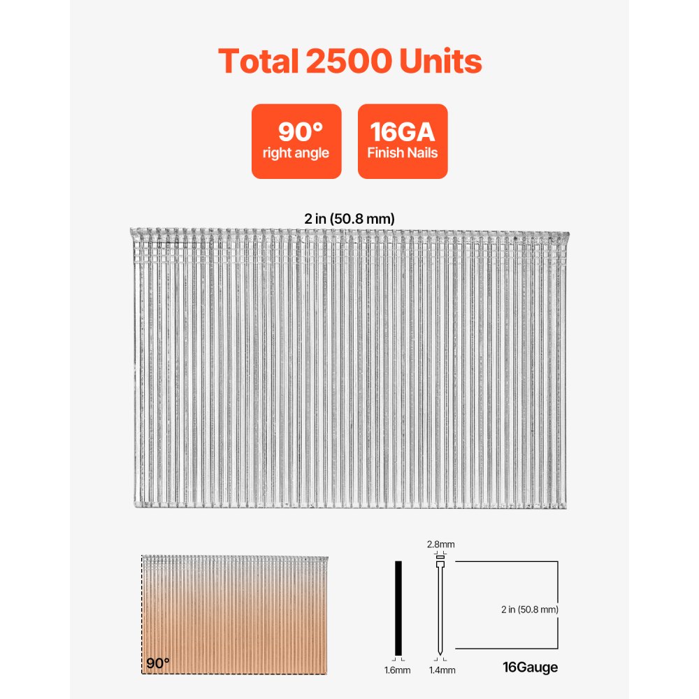 VEVOR 16 Gauge Finish Nails, 2 in Straight Finishing Nails, 2500-Count Galvanized Finishing Nail, Heavy-Duty 16 GA Brad Nail with Galvanized Anti-Rust Process, for Most 16GA Straight Finish Nailers