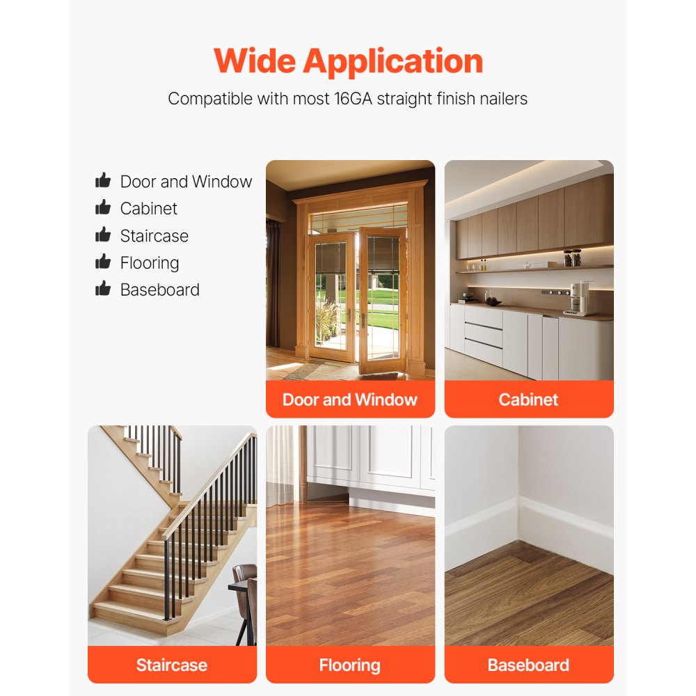 VEVOR 16 Gauge Finish Nails, 2 in Straight Finishing Nails, 2500-Count Galvanized Finishing Nail, Heavy-Duty 16 GA Brad Nail with Galvanized Anti-Rust Process, for Most 16GA Straight Finish Nailers