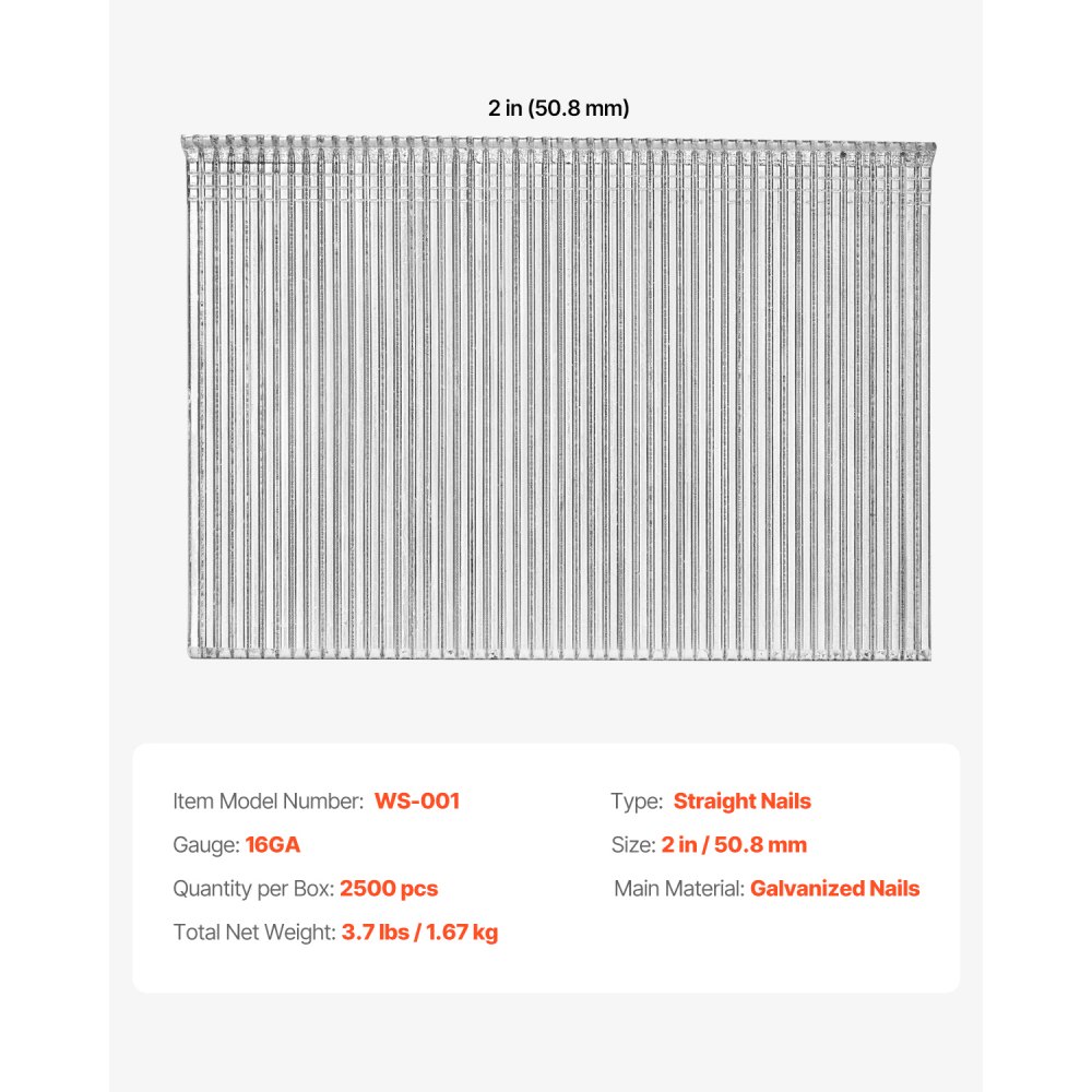 VEVOR 16 Gauge Finish Nails, 2 in Straight Finishing Nails, 2500-Count Galvanized Finishing Nail, Heavy-Duty 16 GA Brad Nail with Galvanized Anti-Rust Process, for Most 16GA Straight Finish Nailers