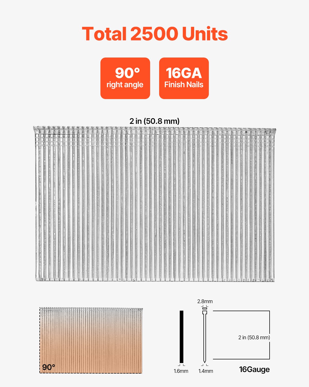 VEVOR 16 Gauge Finish Nails, 2 in Straight Finishing Nails, 2500-Count Galvanized Finishing Nail, Heavy-Duty 16 GA Brad Nail with Galvanized Anti-Rust Process, for Most 16GA Straight Finish Nailers