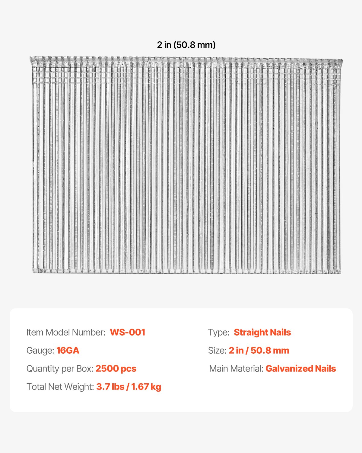 VEVOR 16 Gauge Finish Nails, 2 in Straight Finishing Nails, 2500-Count Galvanized Finishing Nail, Heavy-Duty 16 GA Brad Nail with Galvanized Anti-Rust Process, for Most 16GA Straight Finish Nailers