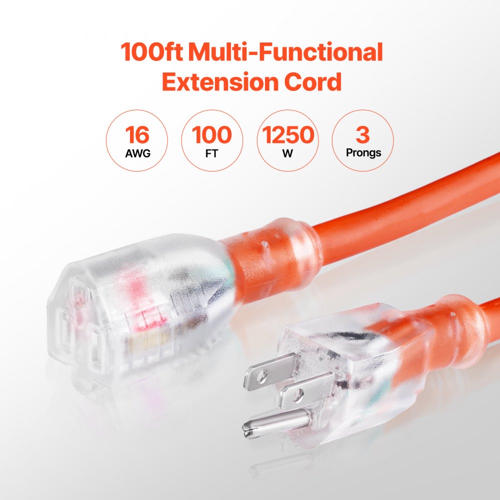 VEVOR 100FT Indoor Outdoor Extension Cord, 16AWG 10Amps 1250W, 3 Prongs Appliance Electric Cord with Lighted End, Flexible & -40°C Cold-Resistant for Office Home Use, ETL Listed