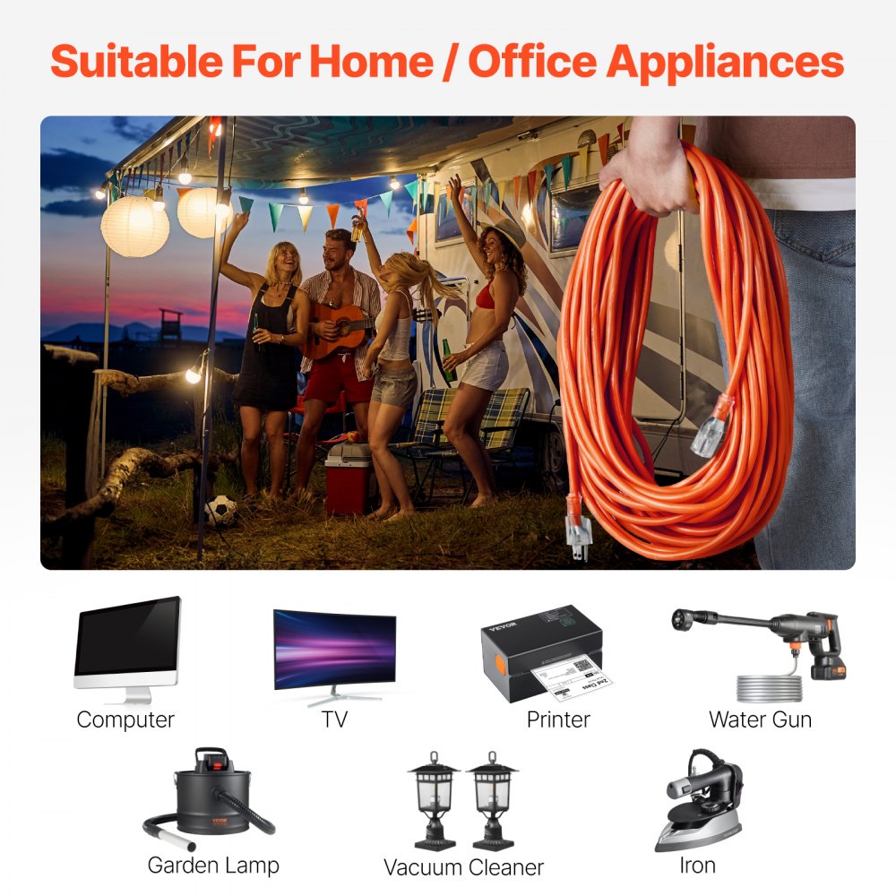 VEVOR 100FT Indoor Outdoor Extension Cord, 16AWG 10Amps 1250W, 3 Prongs Appliance Electric Cord with Lighted End, Flexible & -40°C Cold-Resistant for Office Home Use, ETL Listed