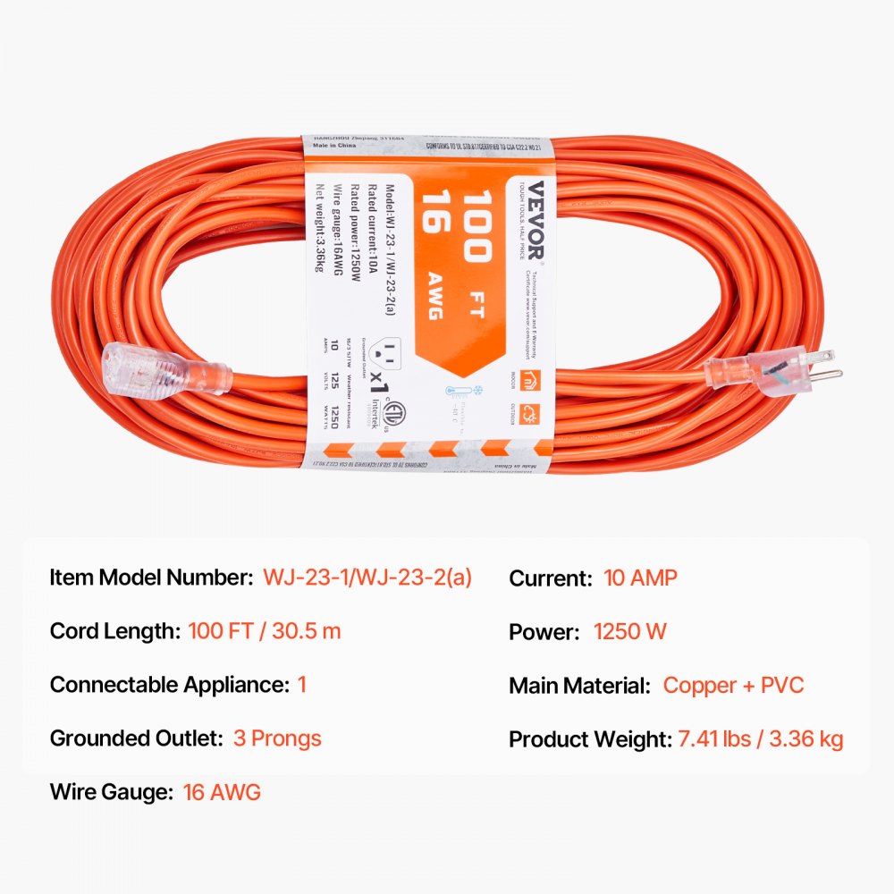 VEVOR 100FT Indoor Outdoor Extension Cord, 16AWG 10Amps 1250W, 3 Prongs Appliance Electric Cord with Lighted End, Flexible & -40°C Cold-Resistant for Office Home Use, ETL Listed