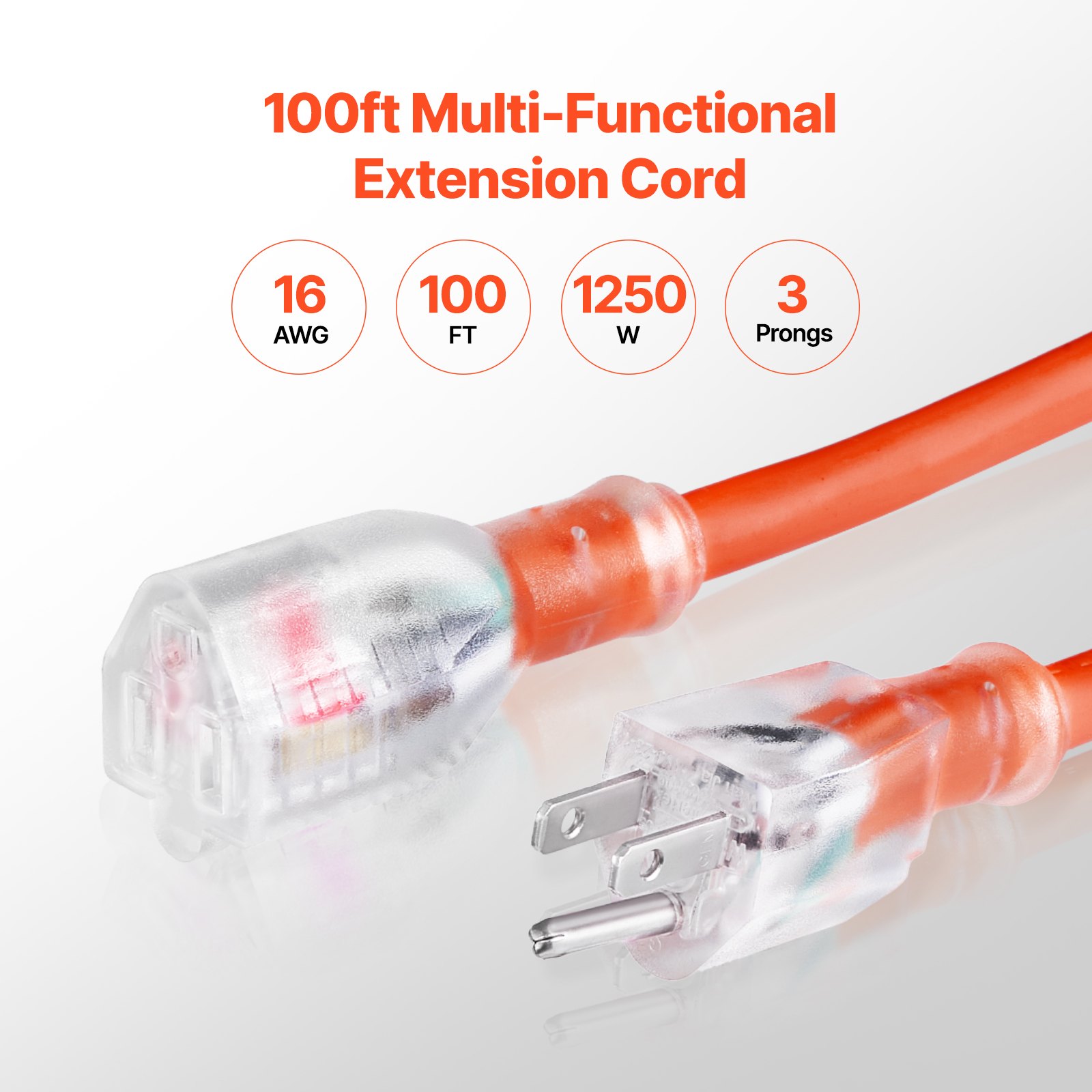 VEVOR 100FT Indoor Outdoor Extension Cord, 16AWG 10Amps 1250W, 3 Prongs Appliance Electric Cord with Lighted End, Flexible & -40°C Cold-Resistant for Office Home Use, ETL Listed