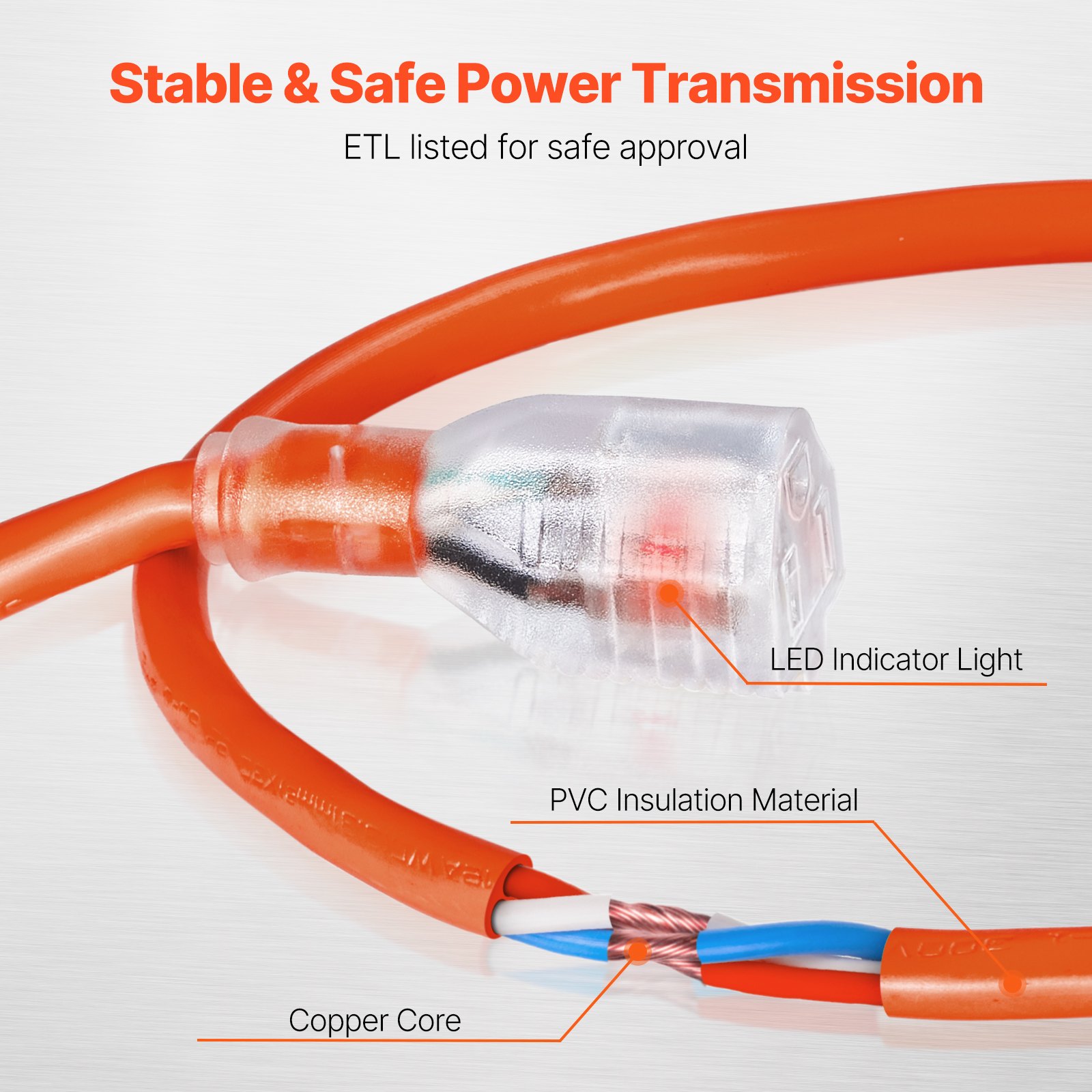 VEVOR 100FT Indoor Outdoor Extension Cord, 16AWG 10Amps 1250W, 3 Prongs Appliance Electric Cord with Lighted End, Flexible & -40°C Cold-Resistant for Office Home Use, ETL Listed