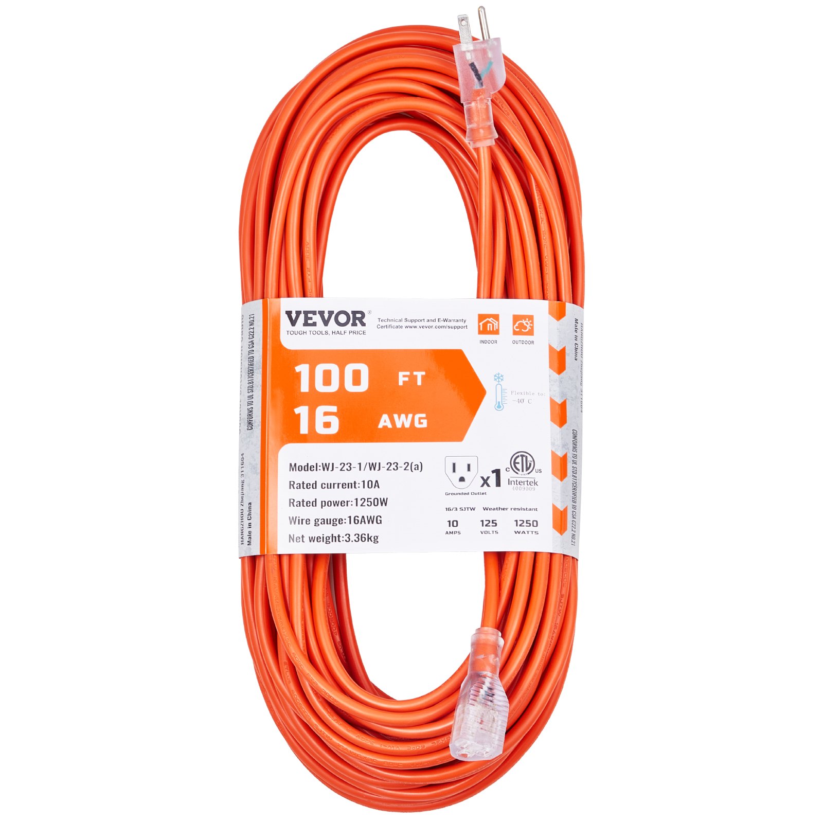 VEVOR 100FT Indoor Outdoor Extension Cord, 16AWG 10Amps 1250W, 3 Prongs Appliance Electric Cord with Lighted End, Flexible & -40°C Cold-Resistant for Office Home Use, ETL Listed