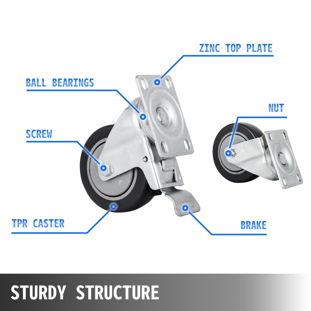 VEVOR 16 Plate Casters with 4" Polyurethane Wheels All Swivel & 8 Brake Casters