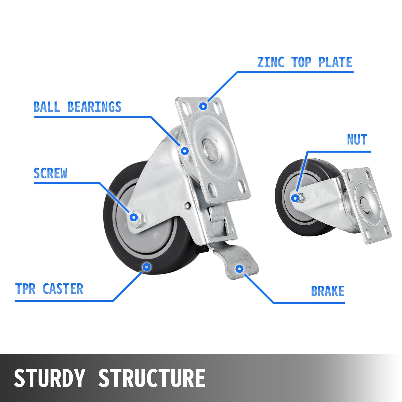 VEVOR 16 Plate Casters with 4" Polyurethane Wheels All Swivel & 8 Brake Casters