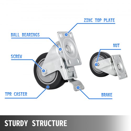 VEVOR Swivel Casters 5 Inch X 1-1/4 Inch Caster Wheels Set of 16 Heavy Duty Industrial Casters All Swivel All Brake Casters Non Skid No Mark