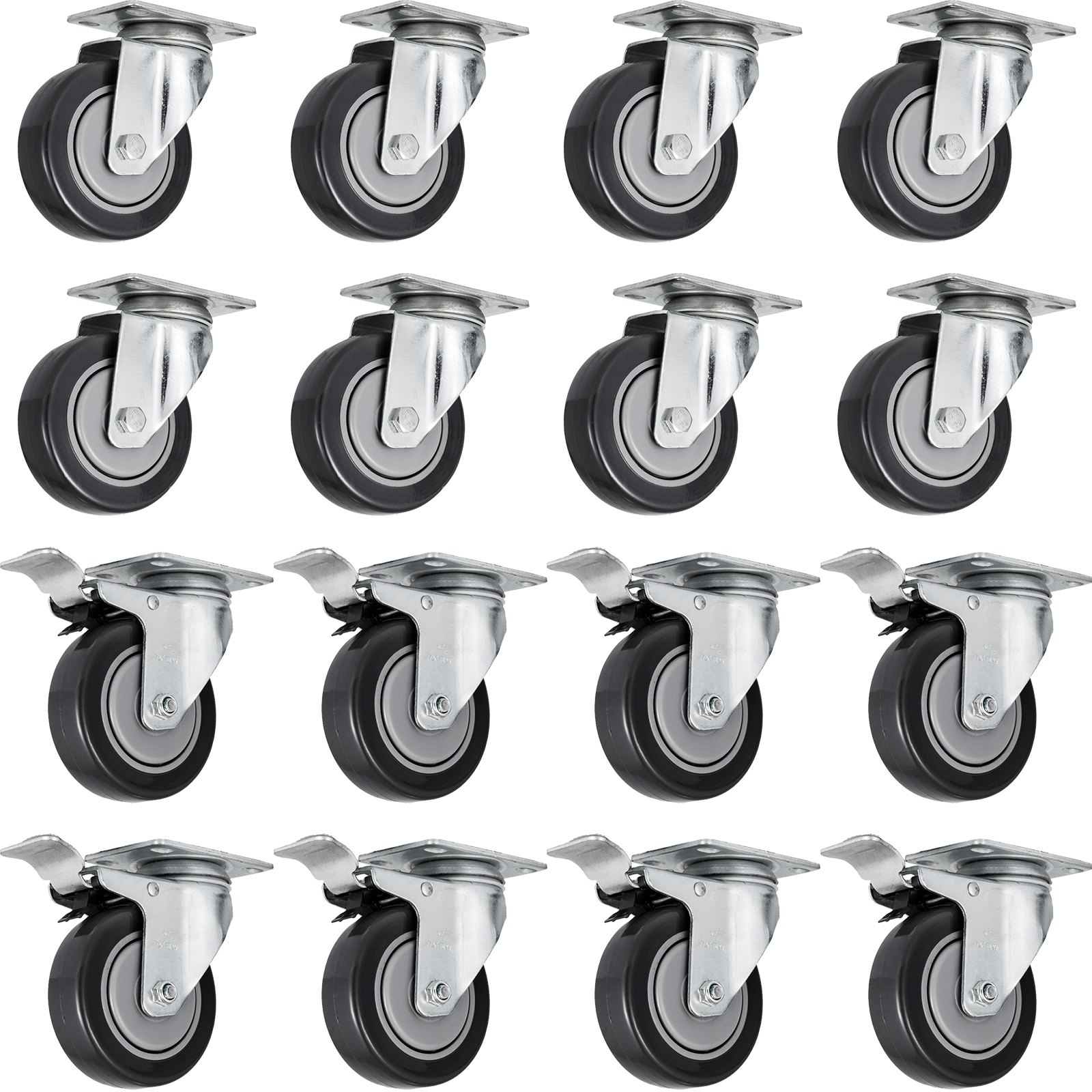 sixteen VEVOR swivel casters, arranged in a pattern, some featuring brakes.