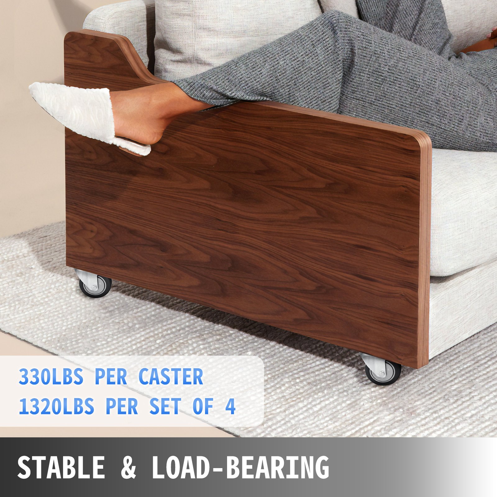 VEVOR swivel casters under wooden couch, 330lbs per caster, stable and load-bearing.