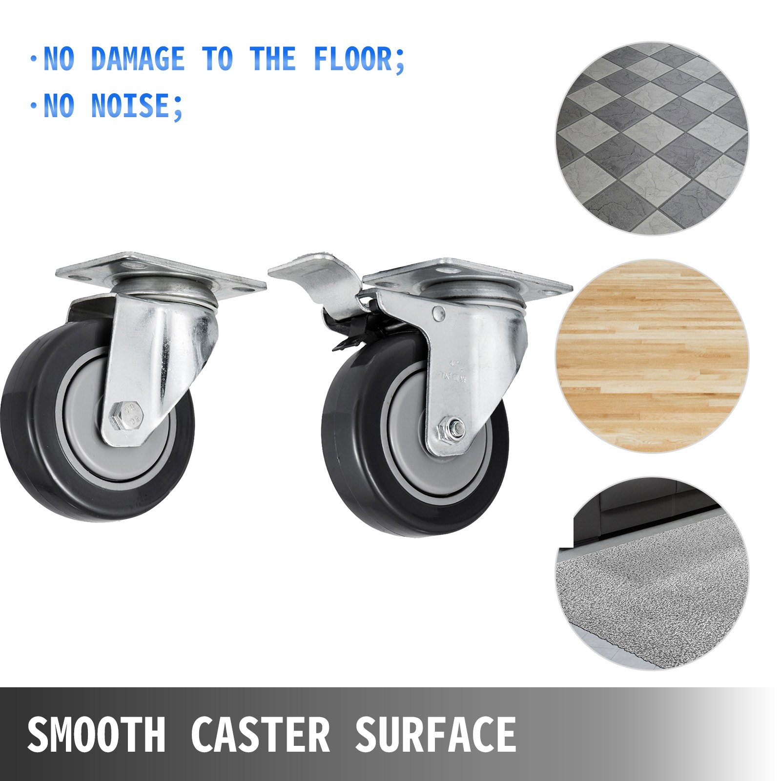 VEVOR swivel casters; no floor damage, noise-free; smooth on tiles, wood, carpet.