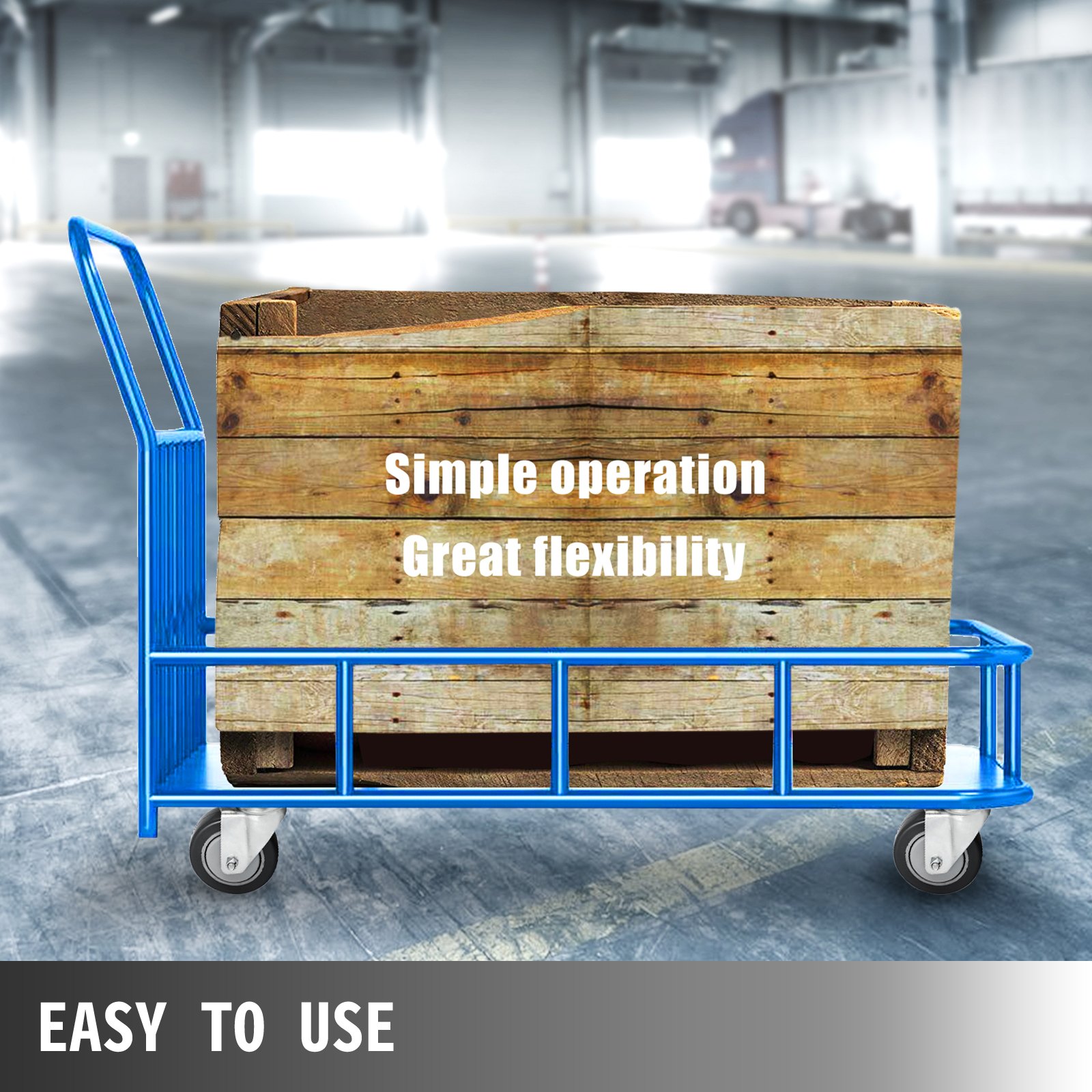 blue cart with wooden crate and VEVOR swivel casters, highlighting easy operation.