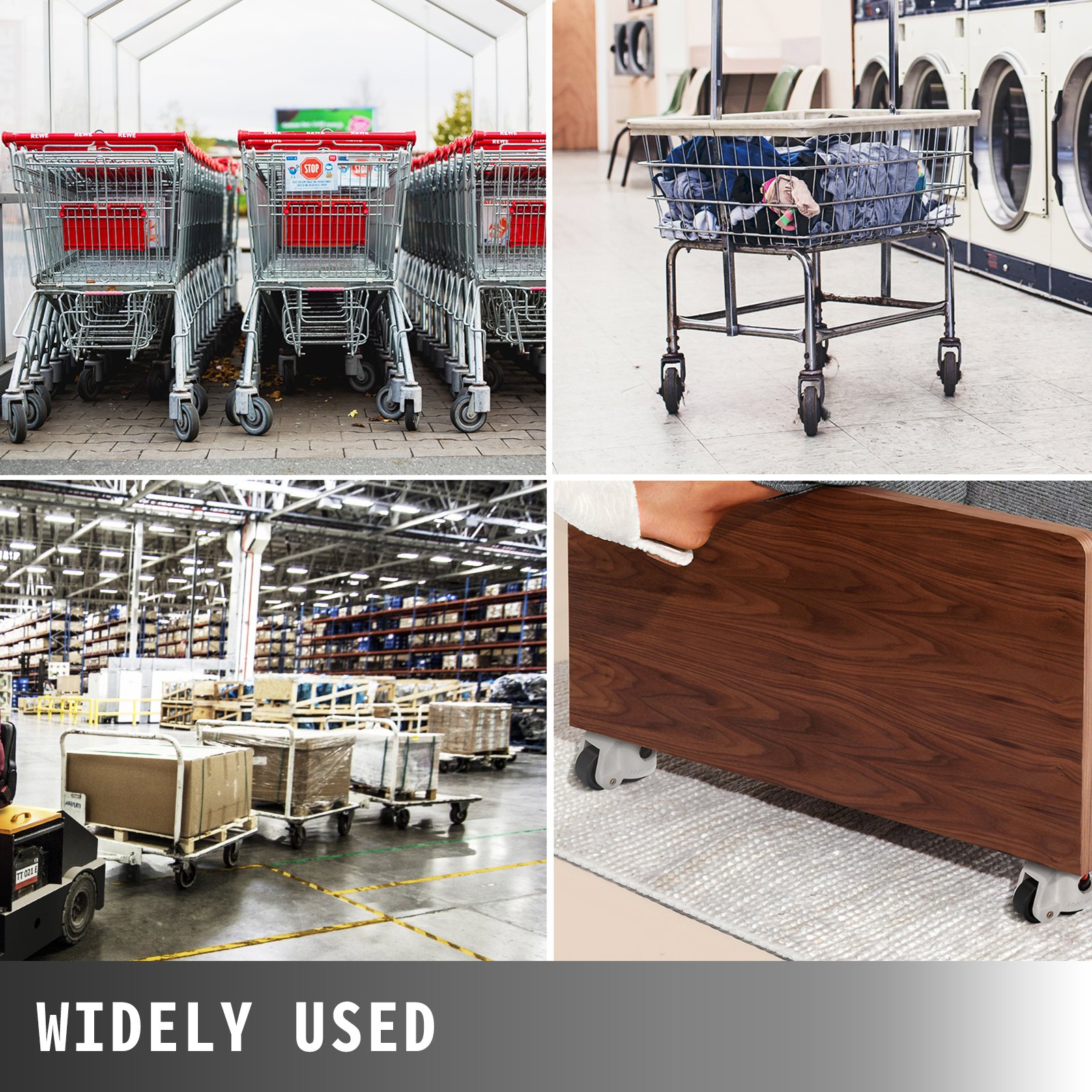 shopping carts, laundry baskets, warehouse carts, and furniture using VEVOR swivel casters.