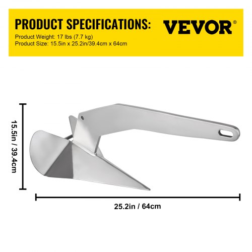 Delta / Diamond Boat Anchor 17 lb 7.7 Kg Marine Stainless Steel From 22-38 ft