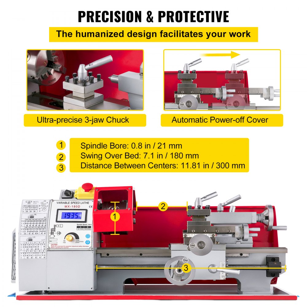 VEVOR 7×12 Mini Metal Turning Lathe machine Automatic Metal Wood Drilling 600W Metalworking Woodworking Motorized Cutter Milling