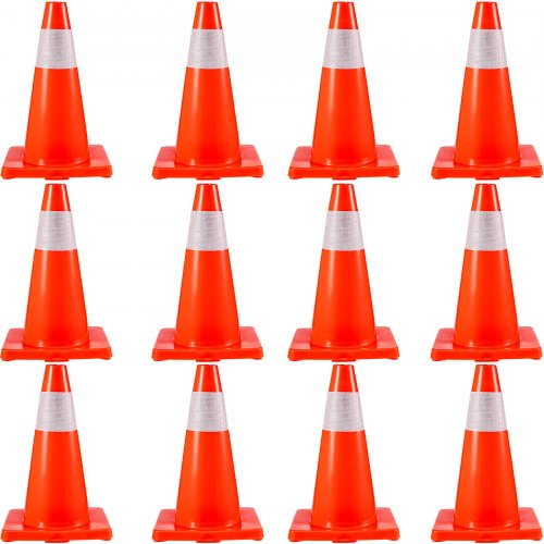 VEVOR 12Pack 18\" Traffic Cones, Safety Road Parking Cones PVC Base, Orange Traffic Cone with Reflective Collars, Hazard Construction Cones for Home Traffic Parking
