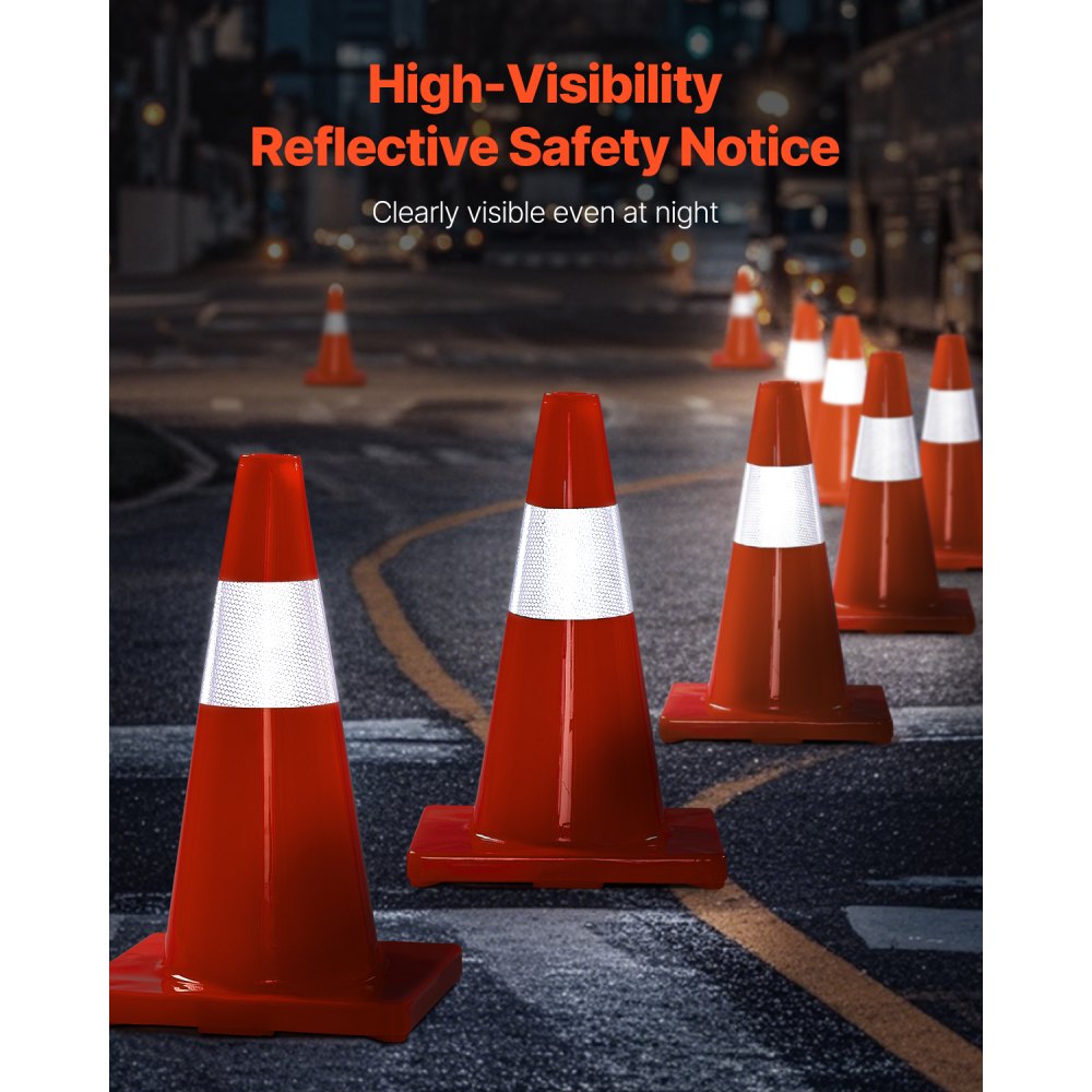 VEVOR 12Pack 18" Traffic Cones, Safety Road Parking Cones PVC Base, Orange Traffic Cone with Reflective Collars, Hazard Construction Cones for Home Traffic Parking