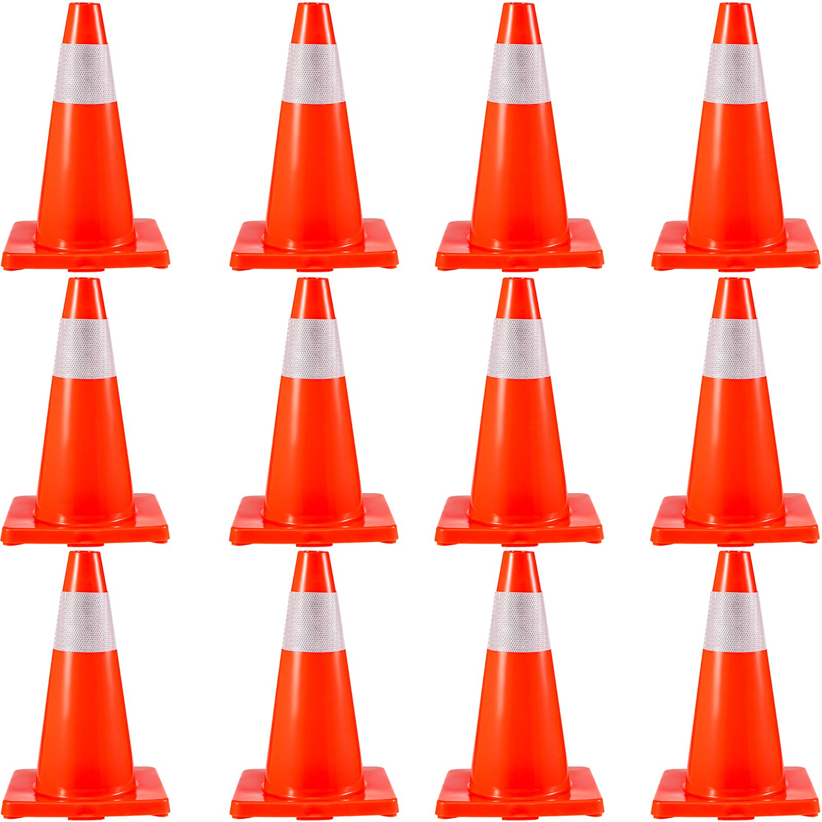 VEVOR 12Pack 18" dopravní kužely, bezpečnostní kužely pro parkování na silnici PVC základna, oranžový dopravní kužel s reflexními límci, nebezpečné konstrukční kužely pro domácí dopravní parkování