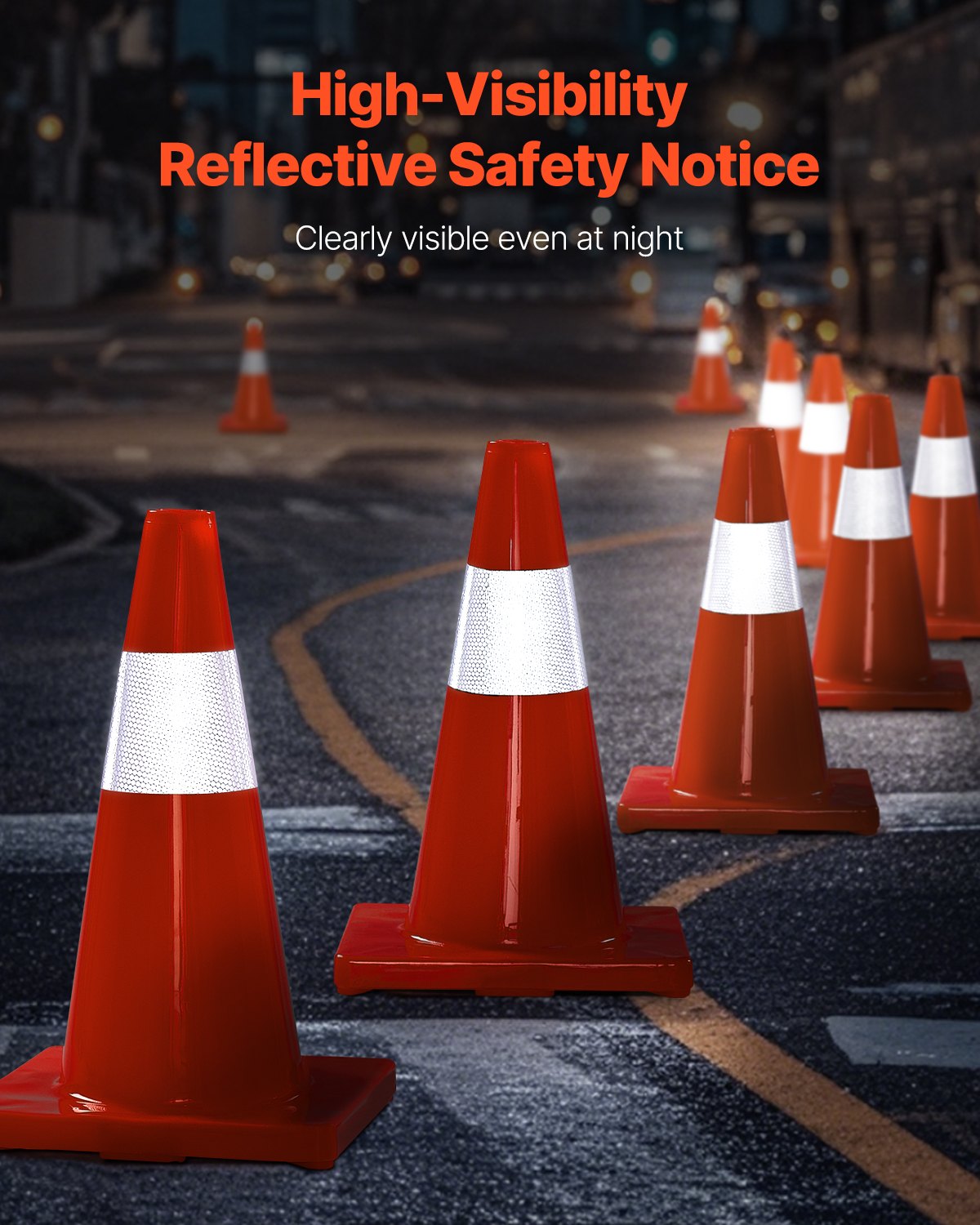 VEVOR 12Pack 18\" Traffic Cones, Safety Road Parking Cones PVC Base, Orange Traffic Cone with Reflective Collars, Hazard Construction Cones for Home Traffic Parking