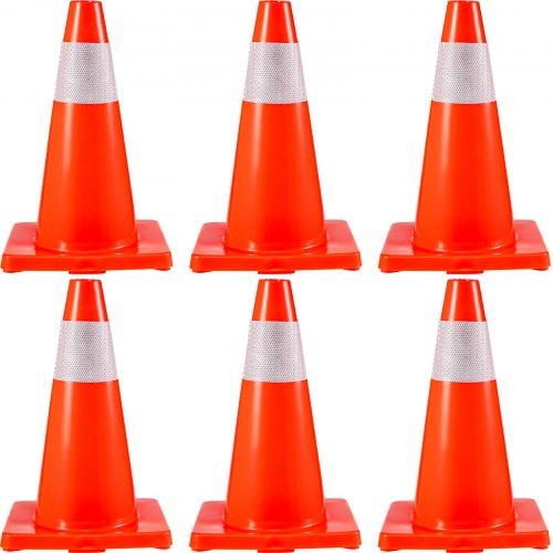 Conos de seguridad de tráfico 6 PCS Conos de estacionamiento de PVC 18 "W / 1 Collares reflectantes 11" X 11 "Base de PVC rojo para sitios de construcción de carreteras de mayor advertencia