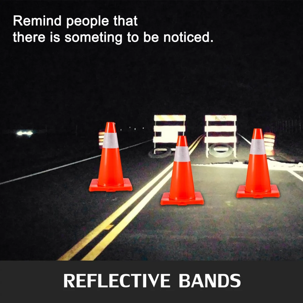 Traffic Safety Cones 6 PCS PVC Parking Cones 18" W/ 1 Reflective Collars 11" X 11" Red PVC Base For Higher Warning Roads Construction Sites