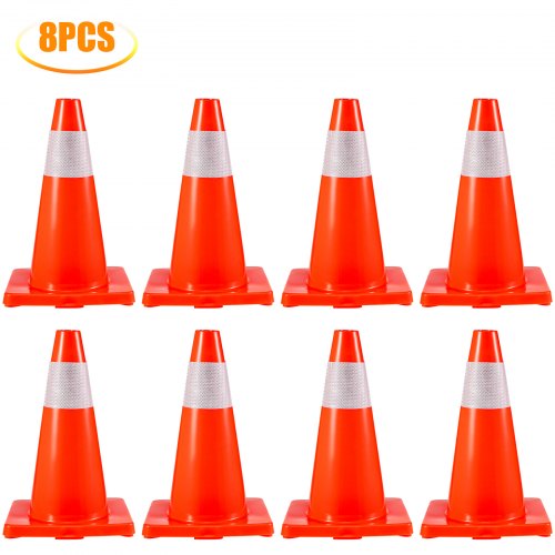 VEVOR 8Pack Traffic Cones, 18" Safety Cones, PVC Orange Traffic Safety Cone, with Reflective Collar Road Parking Training Cones