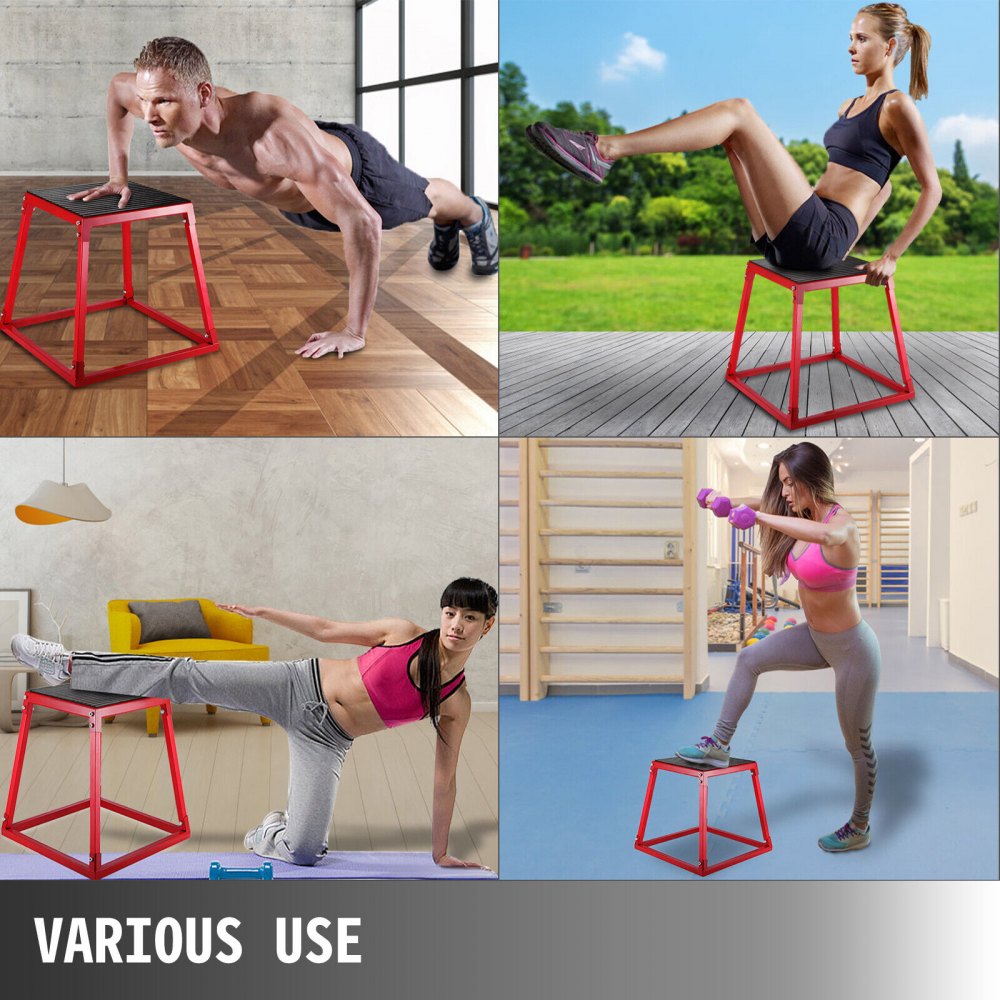 various exercises with VEVOR plyometric jump box for fitness training in multiple settings.