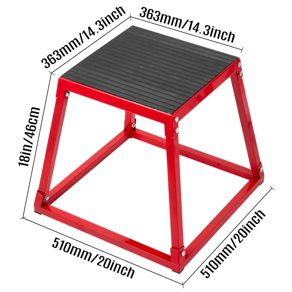 red and black VEVOR plyometric jump box with dimensions: 18in tall, 14.3in sides.